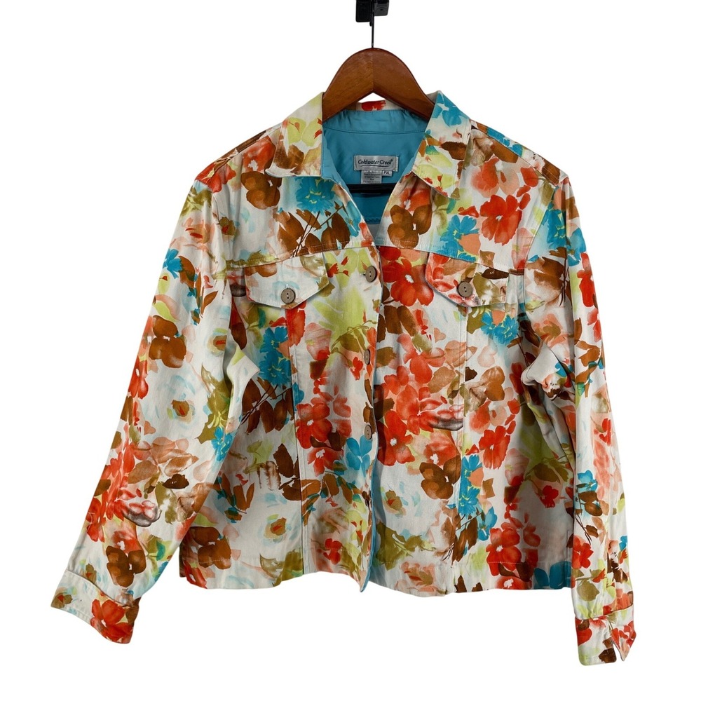 Western Boho‎ Floral Jacket Womens XL Petite Colorful Cottagecore Cotton Stretch